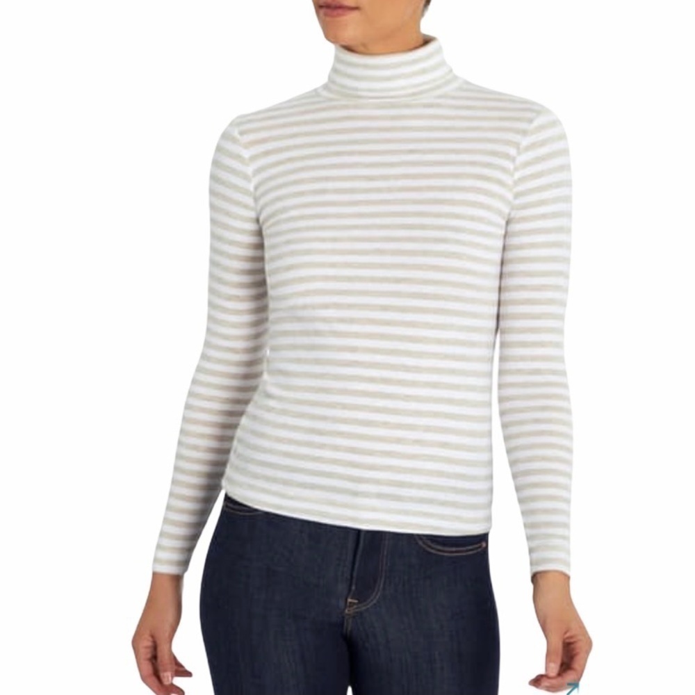 Three Dots Turtleneck Women’s Large Tan Striped Pullover NWT Brecken Ridge